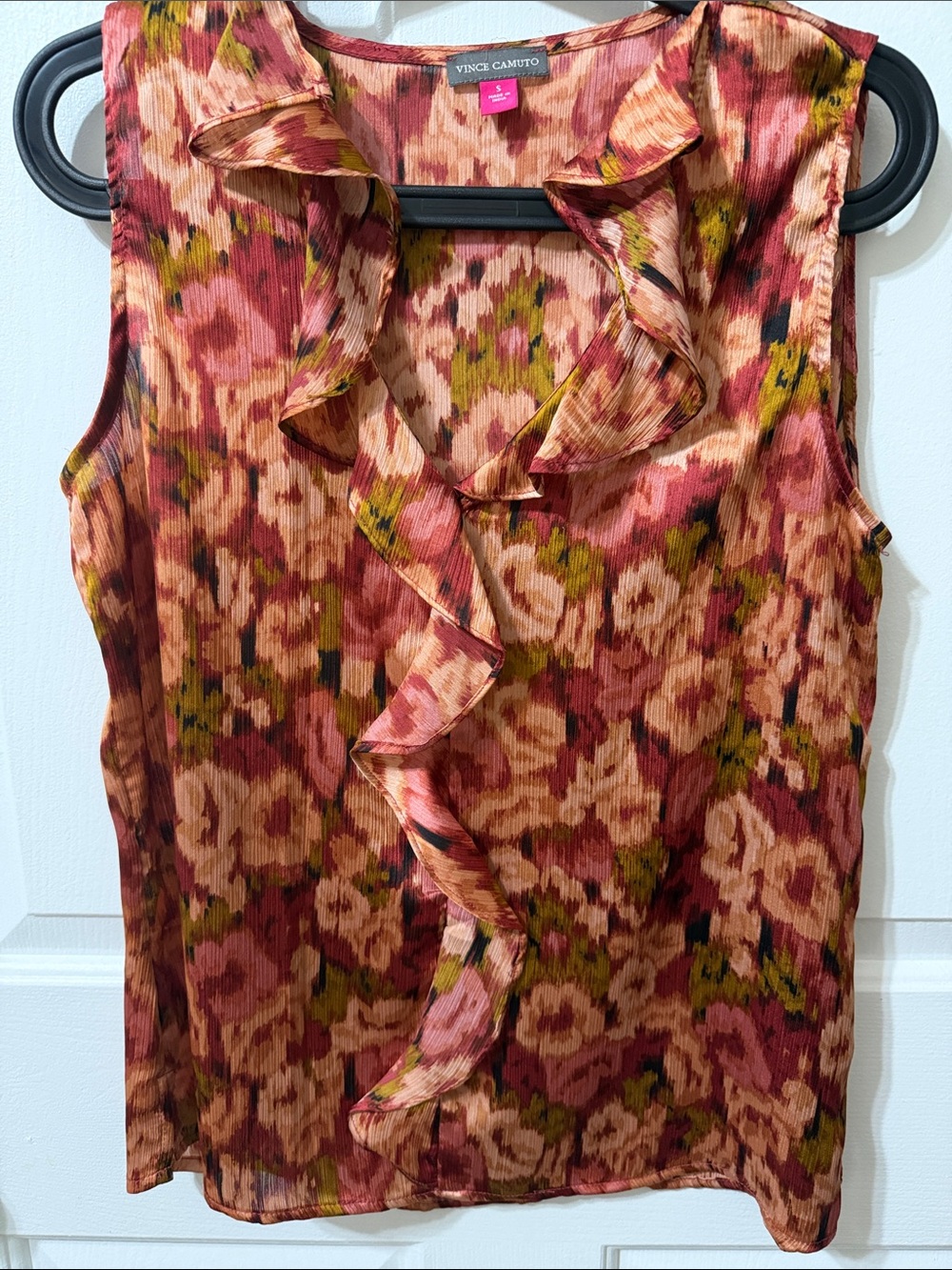 Vince Camuto Rust Floral Ruffle Sleeveless Top